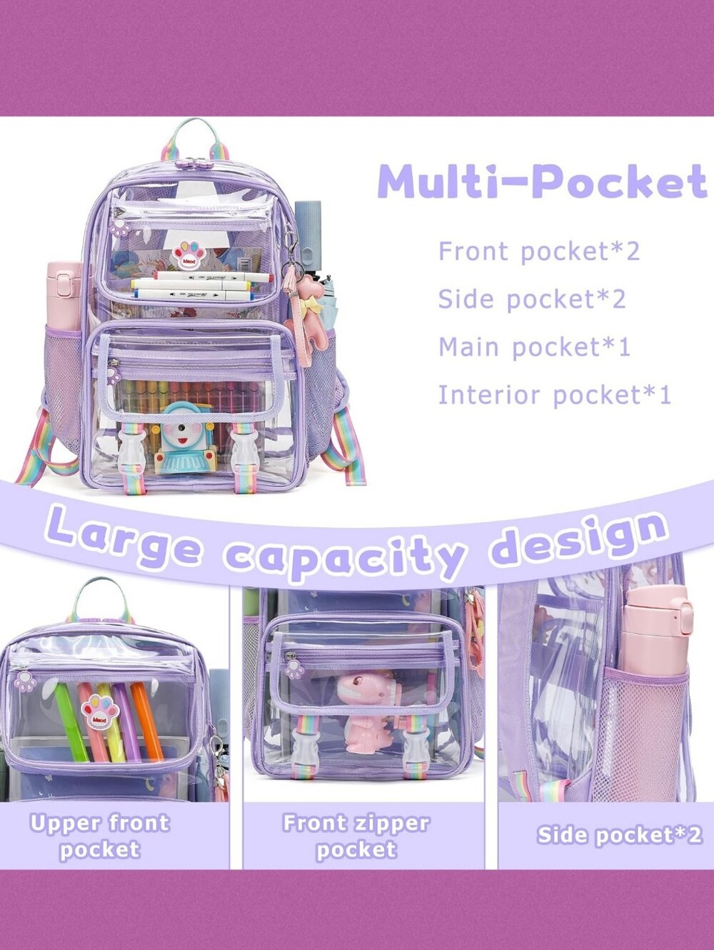 Maod Clear Backpack Heavy Duty Stadium Approved PVC Transparent School Bag - Picture 3 of 6